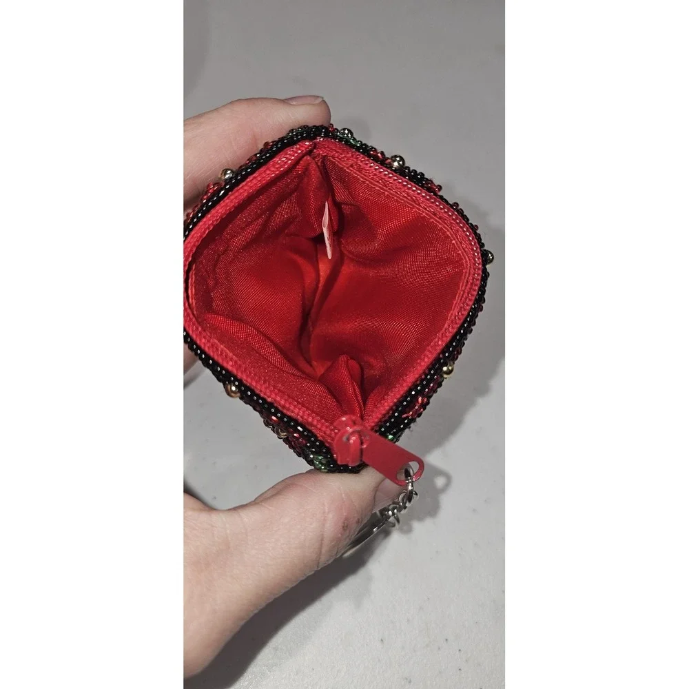 Beaded Christmas Present‎ Coin Purse Keychain Zip Pouch Red Green Holiday